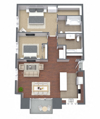 Floor plan for 2 beds, 2 baths, 1281 sqft